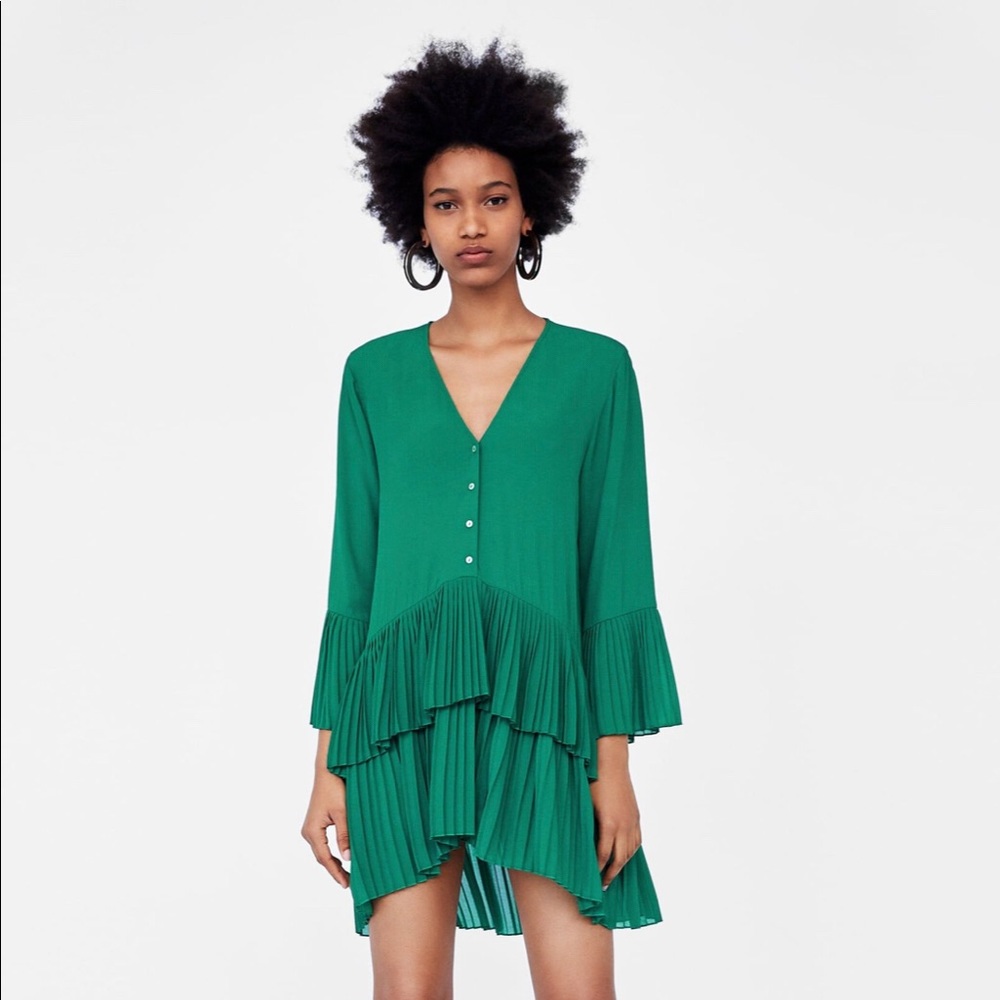 ZARA green pleated shirt dress